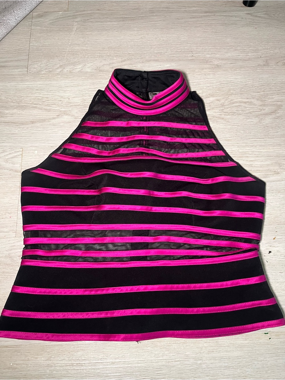 JS Collections Black Mesh and Magenta Striped Mock Neck Tank 14